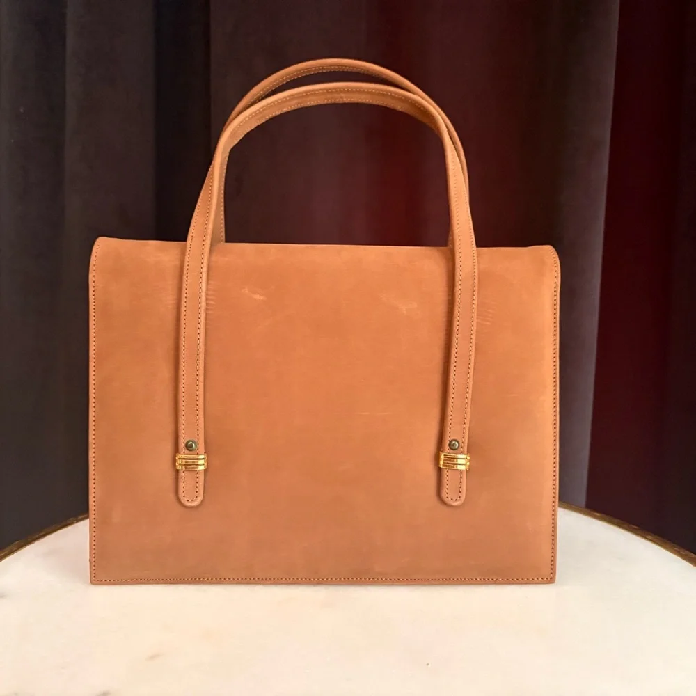 Vintage MCM Andrew Geller Camel Suede Top Handle Tote - Picture 2 of 15